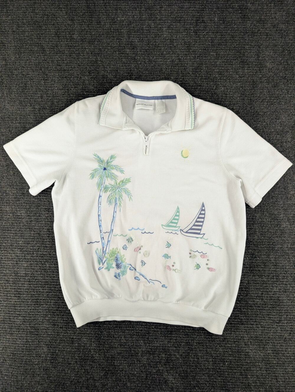 Vtg 90s Women Polo Shirt embroidery beading nautical sailboats grannycore twee